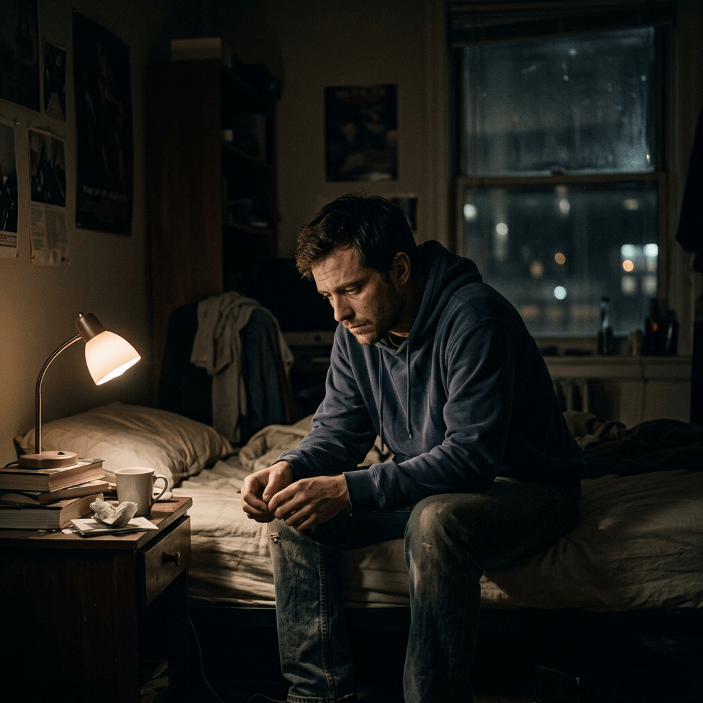 Man wearing hoodie sitting on bed looking down thoughtfully in dimly lit room