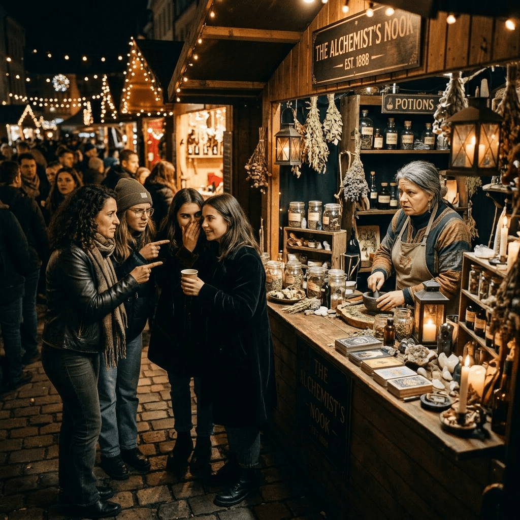 Four women chatting by an alchemist stall at a festive outdoor market with string lights