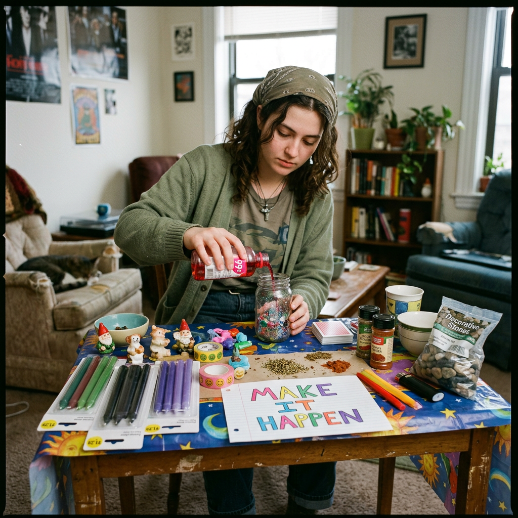 Person pouring red liquid into a jar at a table with crafting supplies and a 'MAKE IT HAPPEN' sign
