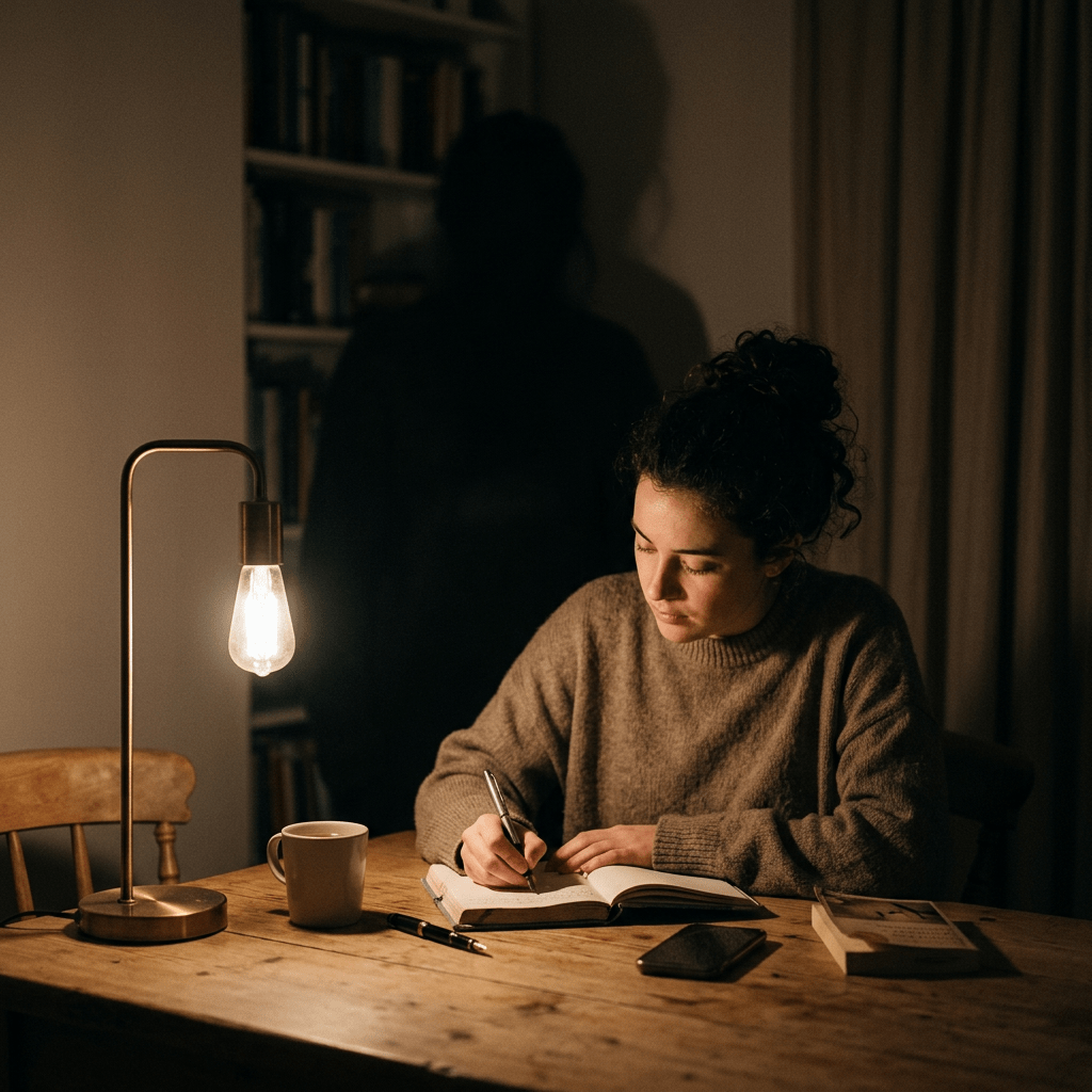 Woman writing in a notebook at a wooden table with a lamp and coffee cup