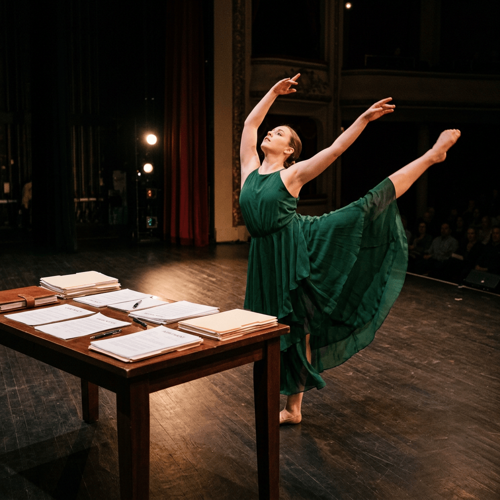 Ballet dancer in green dress raising one leg and arms beside table with documents on stage