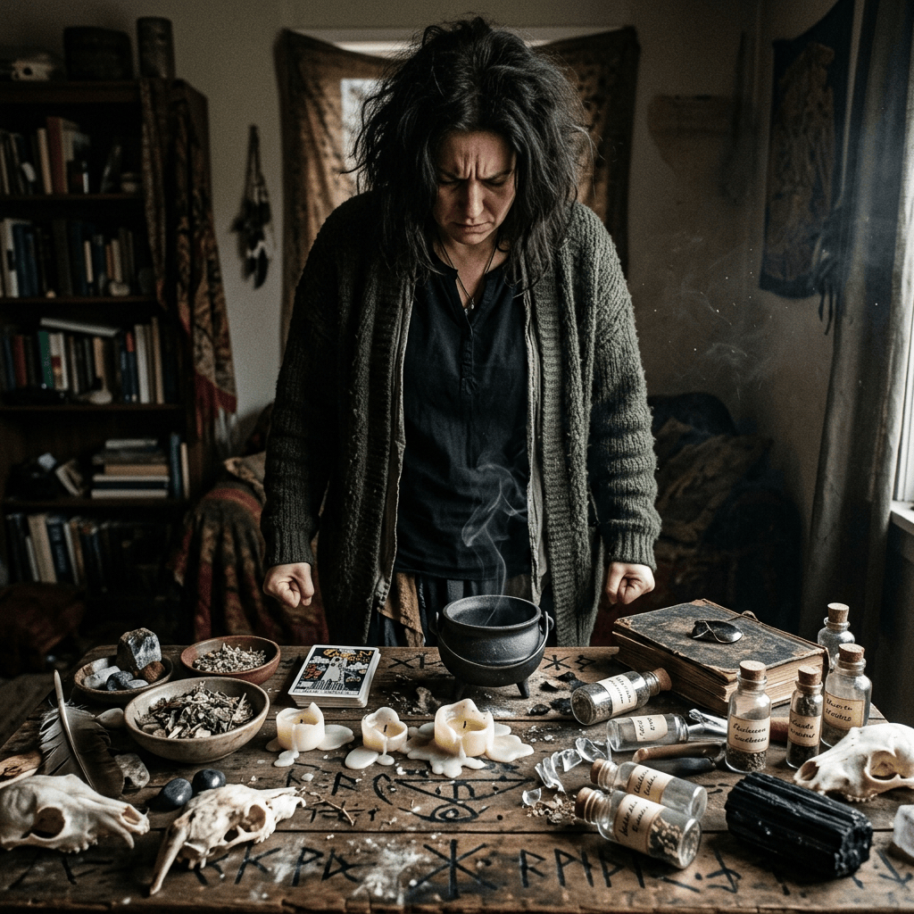 Person standing over an occult-themed table covered with candles, herbs, bottles, and symbols