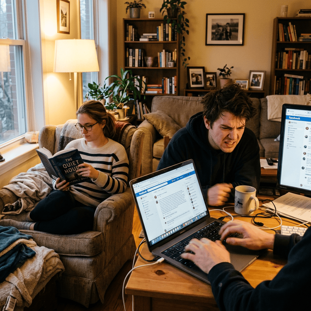 Woman reading The Quiet House while others use Facebook on laptops