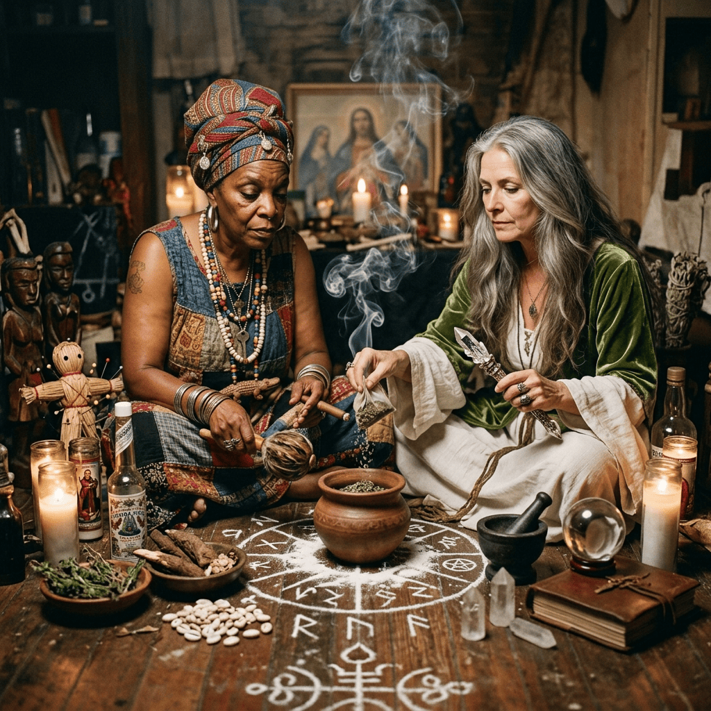 Two women perform a candlelit ritual over a symbol-covered table