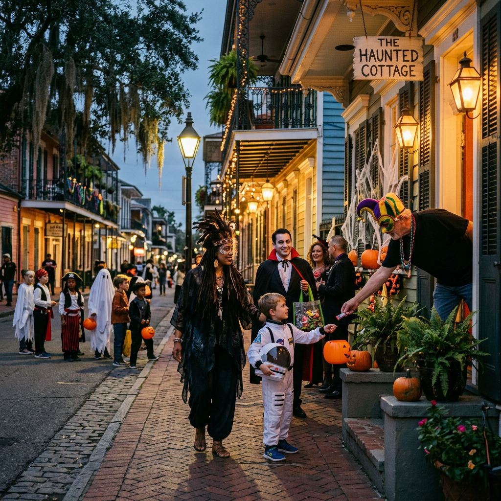 Costumed families outside a building marked THE HAUNTED COTTAGE