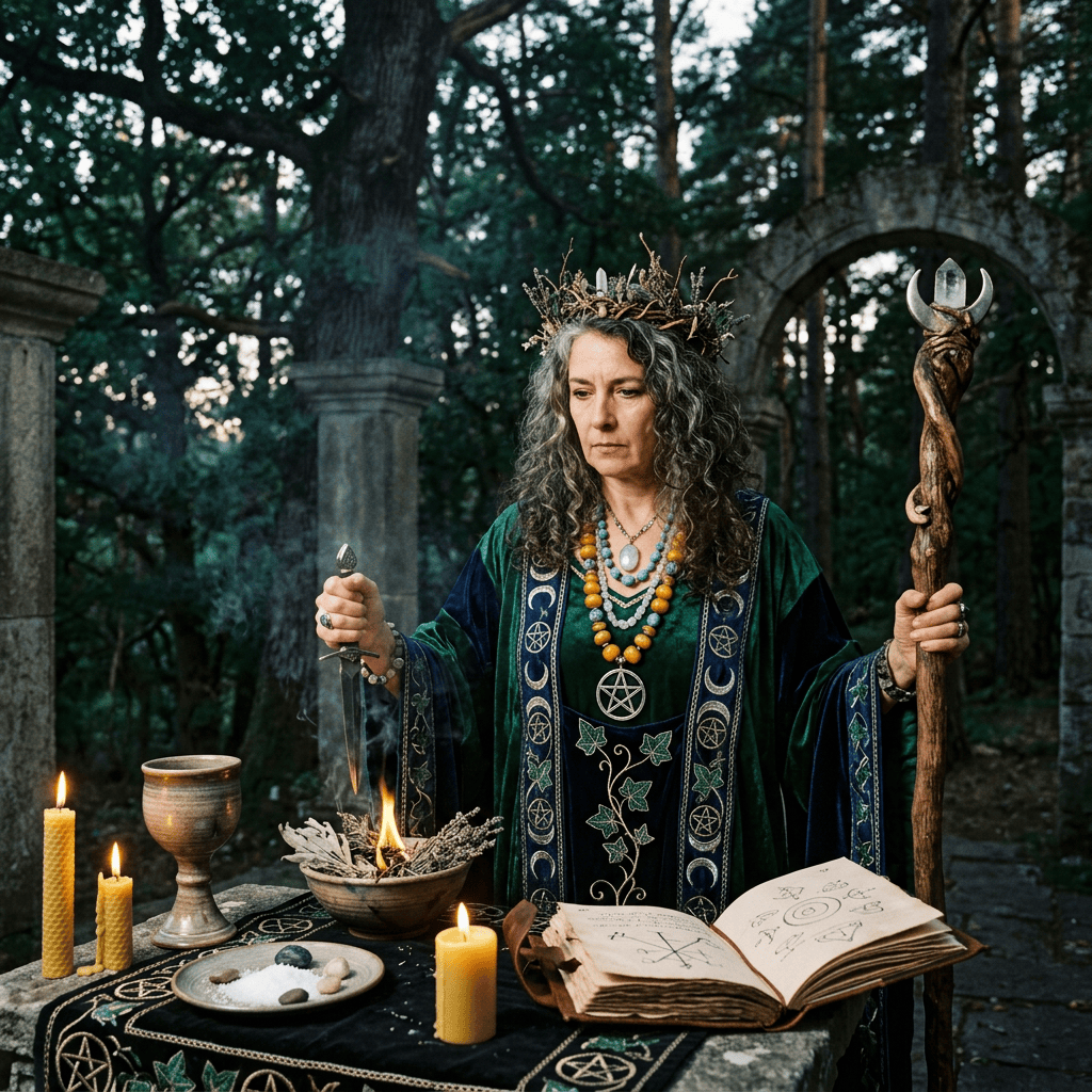 Ritualist in ceremonial robes holding a dagger and staff beside candlelit altar